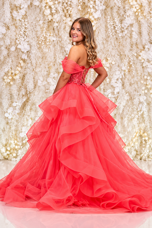 Back view of Lucille Watermelon ruffle gown